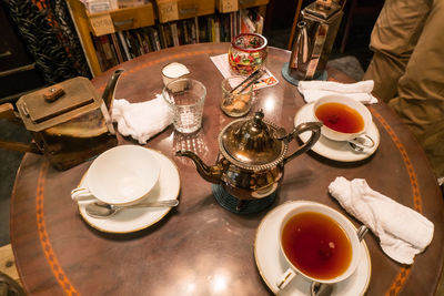 High angle view of breakfast on table