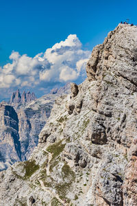 Low angle view of rocky mountains against sky