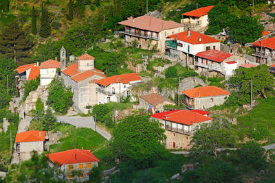 High angle view of houses and trees in town