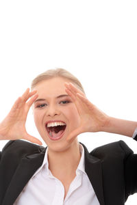 Portrait of a smiling young woman over white background