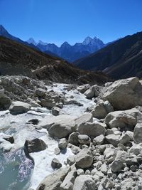 Scenic view of snowcapped mountains against clear blue sky