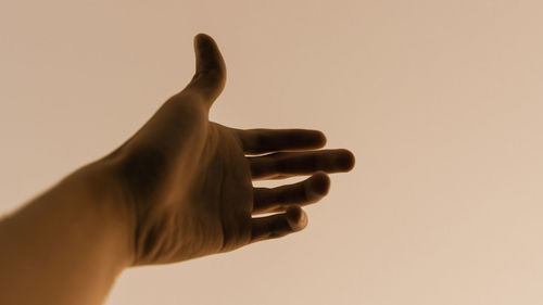 Close-up of person hand against sky during sunset