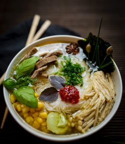 High angle view of food in bowl on table