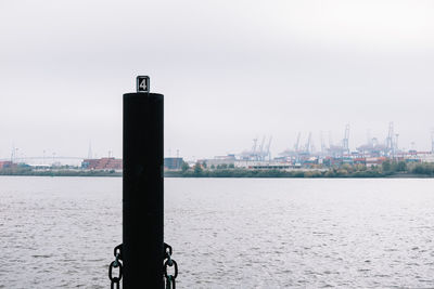 Close-up of pole by sea against sky