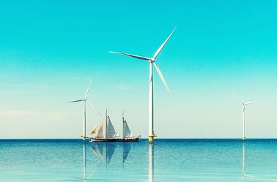 Wind turbines in sea against sky, windmills westermeerdijk