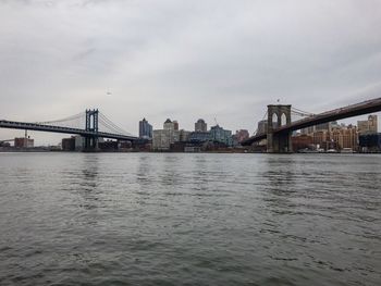 View of suspension bridge with city in background