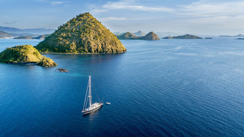 High angle view of sailboats in sea against sky