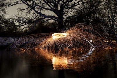 Illuminated trees by river against sky at night