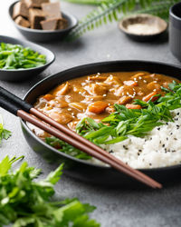 High angle view of soup in bowl on table