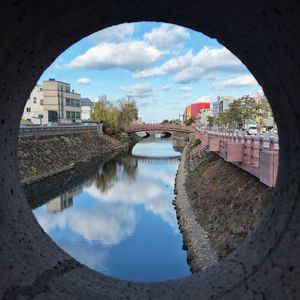 Reflection of bridge on water in city