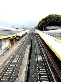 Railroad station platform against clear sky