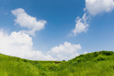 Panoramic landscape view of lush green hill with beautiful white clouds in satara,maharashtra, india