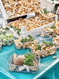 High angle view of food on table mushrooms 