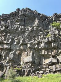 Low angle view of rock formation against clear sky