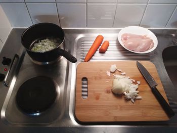 High angle view of breakfast on table at home