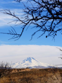 Scenic view of snow covered mountains against sky