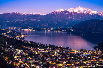 Panorama of lake como from ossuccio, with bellagio, the town of ossuccio, at dusk.