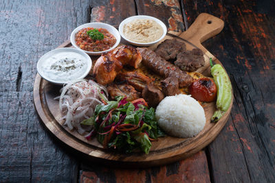 High angle view of meal served on table