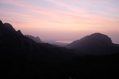 Scenic view of silhouette mountains against sky at sunset