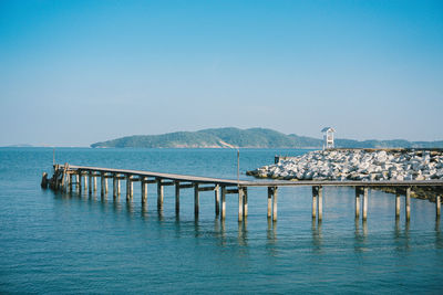 Scenic view of sea against clear blue sky