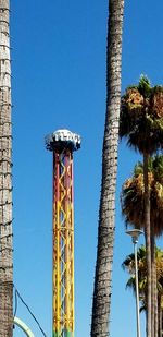 Low angle view of palm trees against blue sky