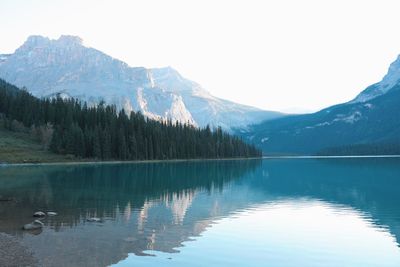 Scenic view of lake by mountains against sky