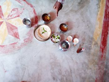 High angle view of wine glasses on table