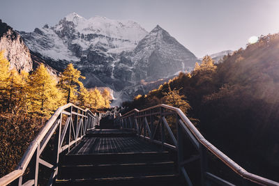 Footbridge amidst trees and mountains against sky