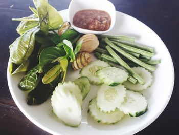 High angle view of salad in plate on table
