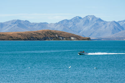 People boating in summer on lake tekapo, new zealand