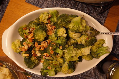 High angle view of vegetables in plate on table