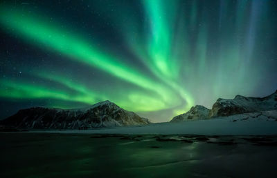 Scenic view of snowcapped mountains against sky at night