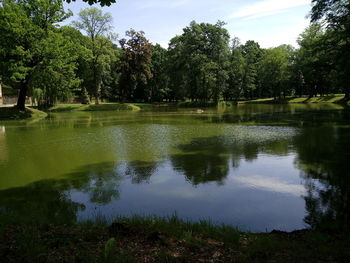 Scenic view of lake by trees against sky