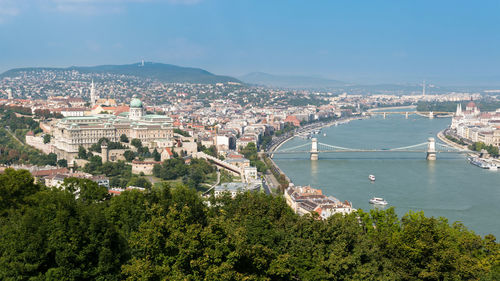 High angle view of townscape by river against sky