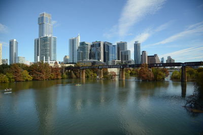 River by modern buildings against sky in city