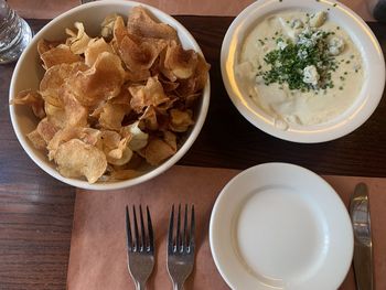 High angle view of breakfast served on table