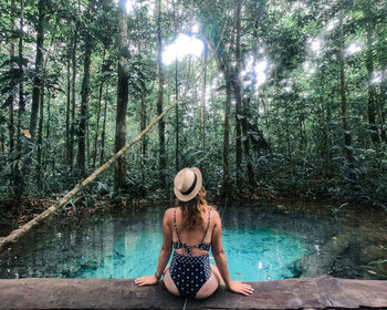 Rear view of woman sitting on tree trunk in forest