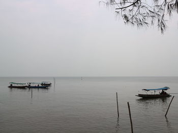 Boat sailing in sea against clear sky