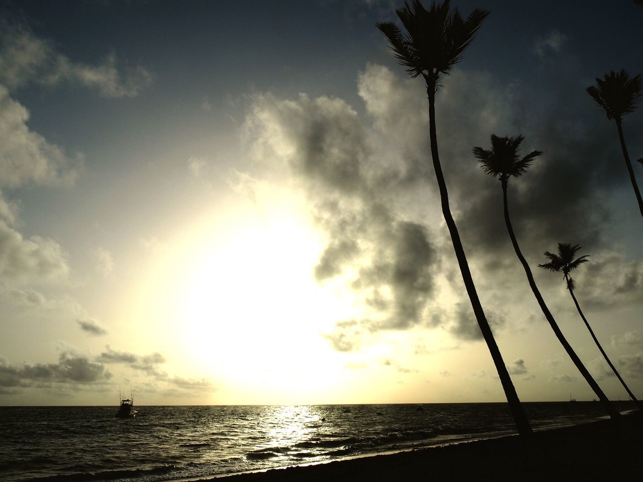 sky, horizon over water, sea, water, sunset, scenics, sun, tranquility, tranquil scene, beauty in nature, cloud - sky, nature, cloud, silhouette, idyllic, cloudy, tree, sunlight, palm tree, outdoors