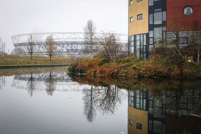 Reflection of trees in water against sky