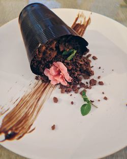 High angle view of chocolate cake in plate on table