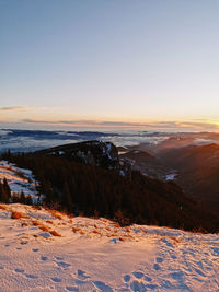 Scenic view of snow covered landscape against sky during sunset