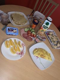 High angle view of breakfast served on table