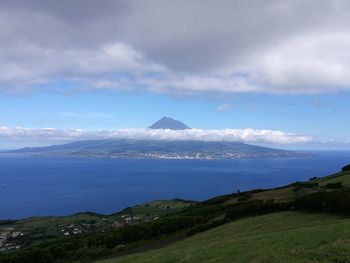 Scenic view of sea and mountains against sky