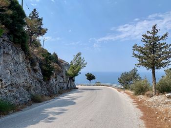 Empty road amidst trees against sky