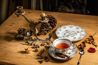 High angle view of tea on table