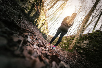 Woman standing on rock against trees in forest