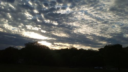 Silhouette trees on landscape against sky at sunset