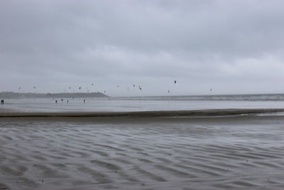 Seagulls flying over beach against sky