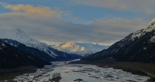 Scenic view of snowcapped mountains against sky during winter